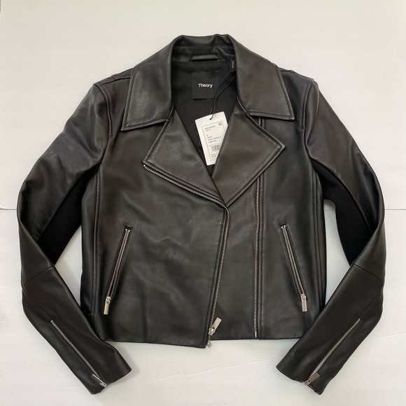 Theory NEW Slim Fit Black Leather Moto Jacket Size S - Picture 4 of 15